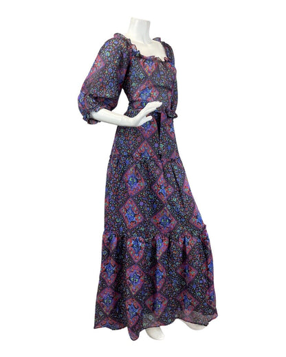 VINTAGE 60s 70s BLACK PURPLE BLUE GEOMETRIC FLORAL SHEER TIERED MAXI DRESS 10 12