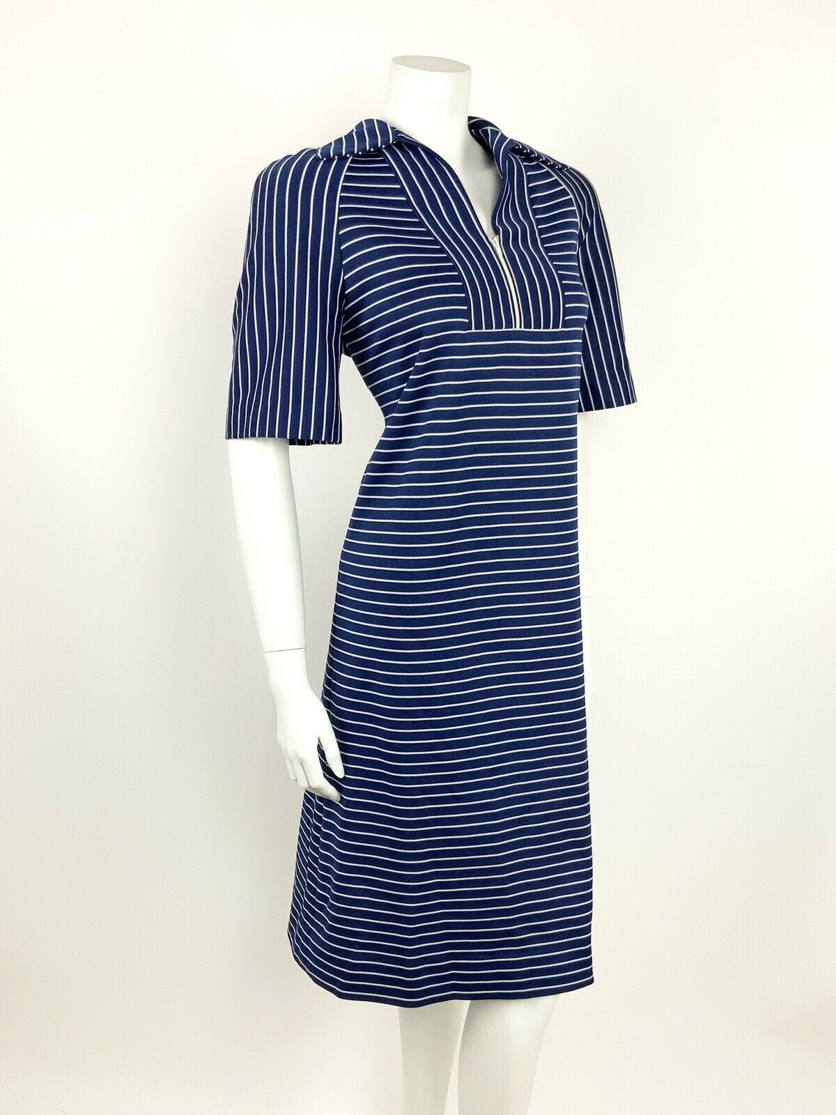 VTG 60s 70s NAVY BLUE WHITE STRIPED WING COLLAR MOD NAUTICAL SHIFT DRESS 14 16