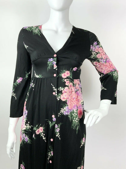 VINTAGE 60s 70s BLACK PASTEL PINK PURPLE GREEN FLORAL BOUQUET MAXI DRESS 14 16