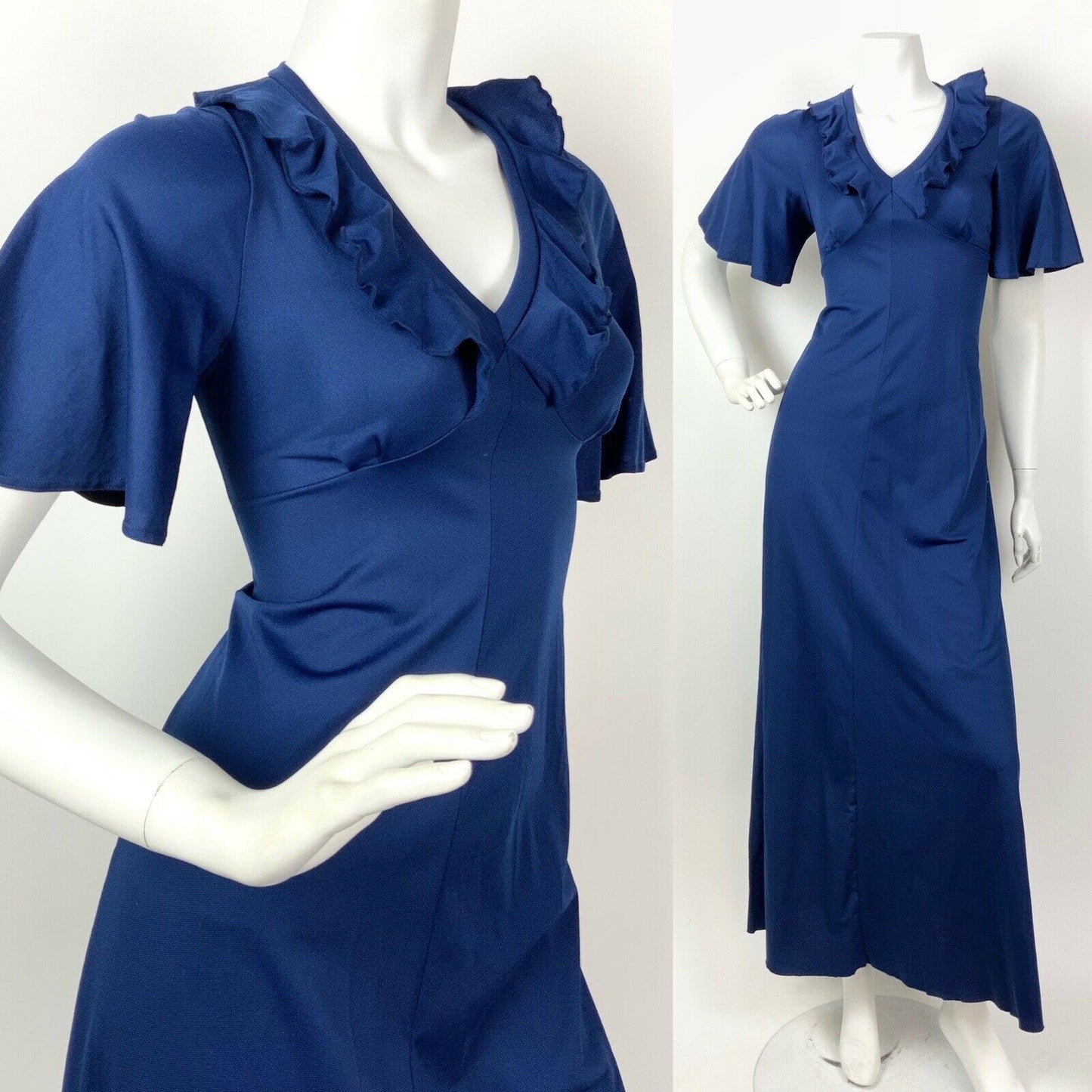 VINTAGE 60s 70s ROYAL BLUE RUFFLE COLLAR CAPE SLEEVE MAXI DRESS 8 10