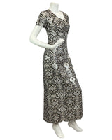 VTG 60s 70s SILVER METALLIC FLORAL PRINT DISCO PARTY EVENING MAXI DRESS 14 16