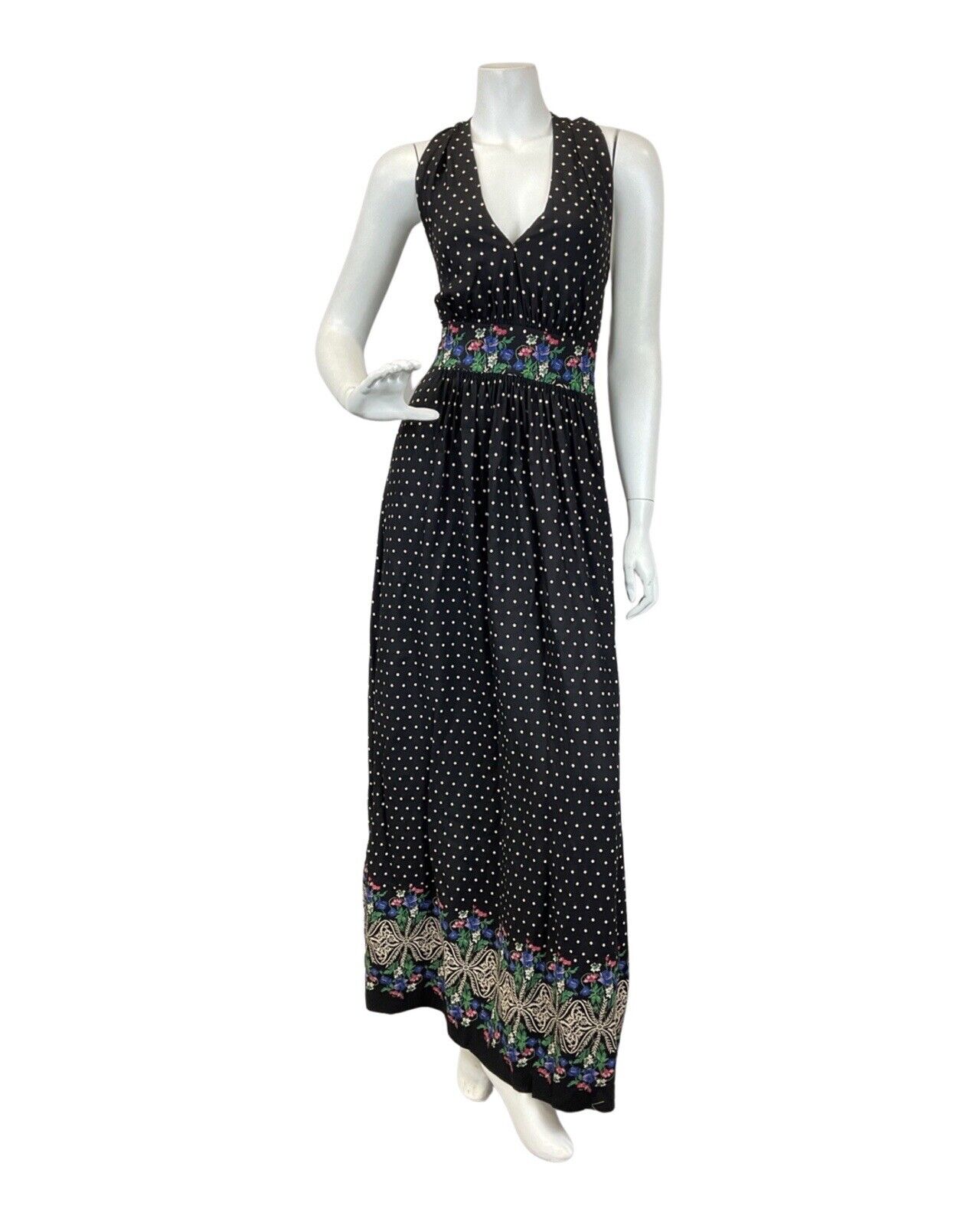 VINTAGE 60s 70s BLACK WHITE BLUE FLORAL POLKA-DOT SUMMER HALTER MAXI DRESS 10