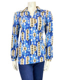 VINTAGE 60s 70s BLUE GOLD WHITE DOTTY OP-ART PSYCHEDELIC MOD DAGGER BLOUSE 12 14