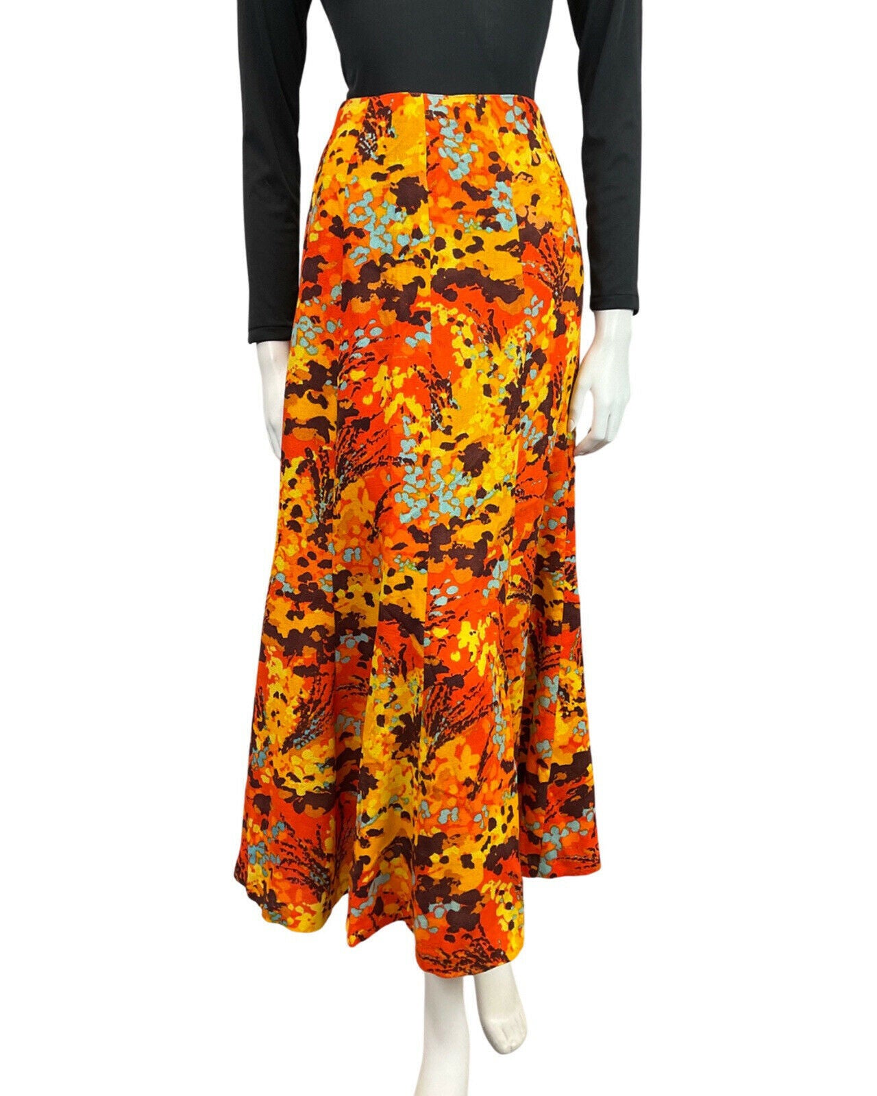 VINTAGE 70s ORANGE YELLOW BROWN PSYCHEDELIC FLORAL FLARED MAXI SKIRT 6