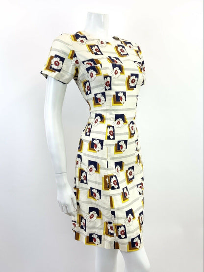 VTG 60s 70s CREAM BLUE RED YELLOW STRIPED GEOMETRIC FLORAL MOD MINI DRESS 10 12