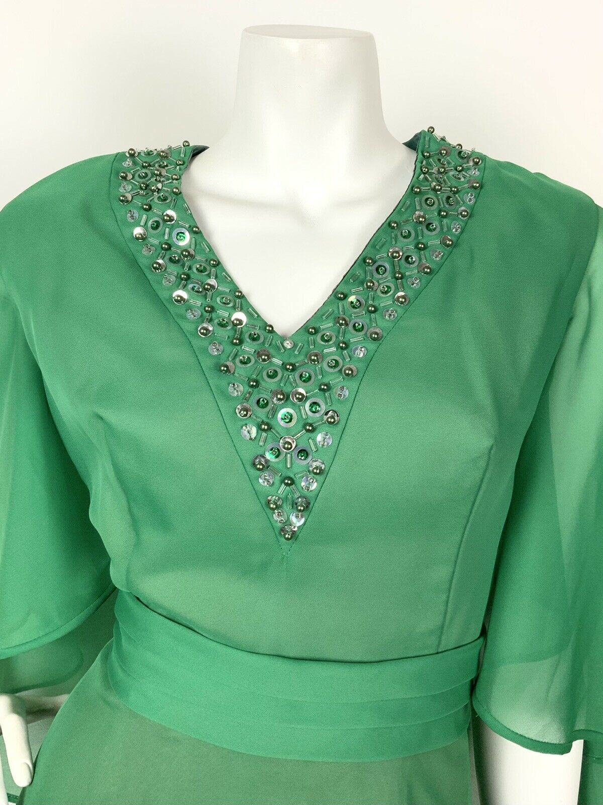 VINTAGE 60s 70s GREEN SILVER IRIDESCENT SEQUIN BEADED CAPED SHEER MAXI DRESS 12