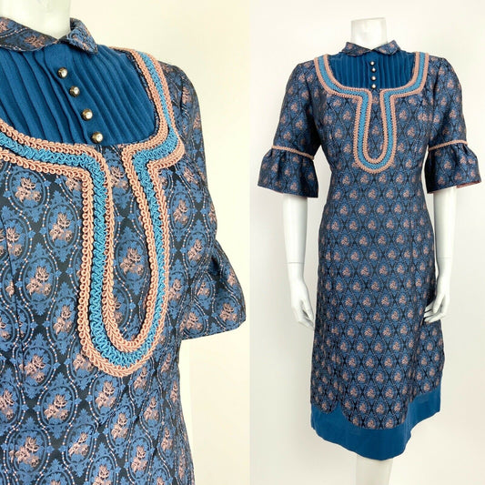 VTG 60s 70s FOLK BLUE PINK FLORAL BROCADE GLITTERY PETER PAN COLLAR DRESS 14 16