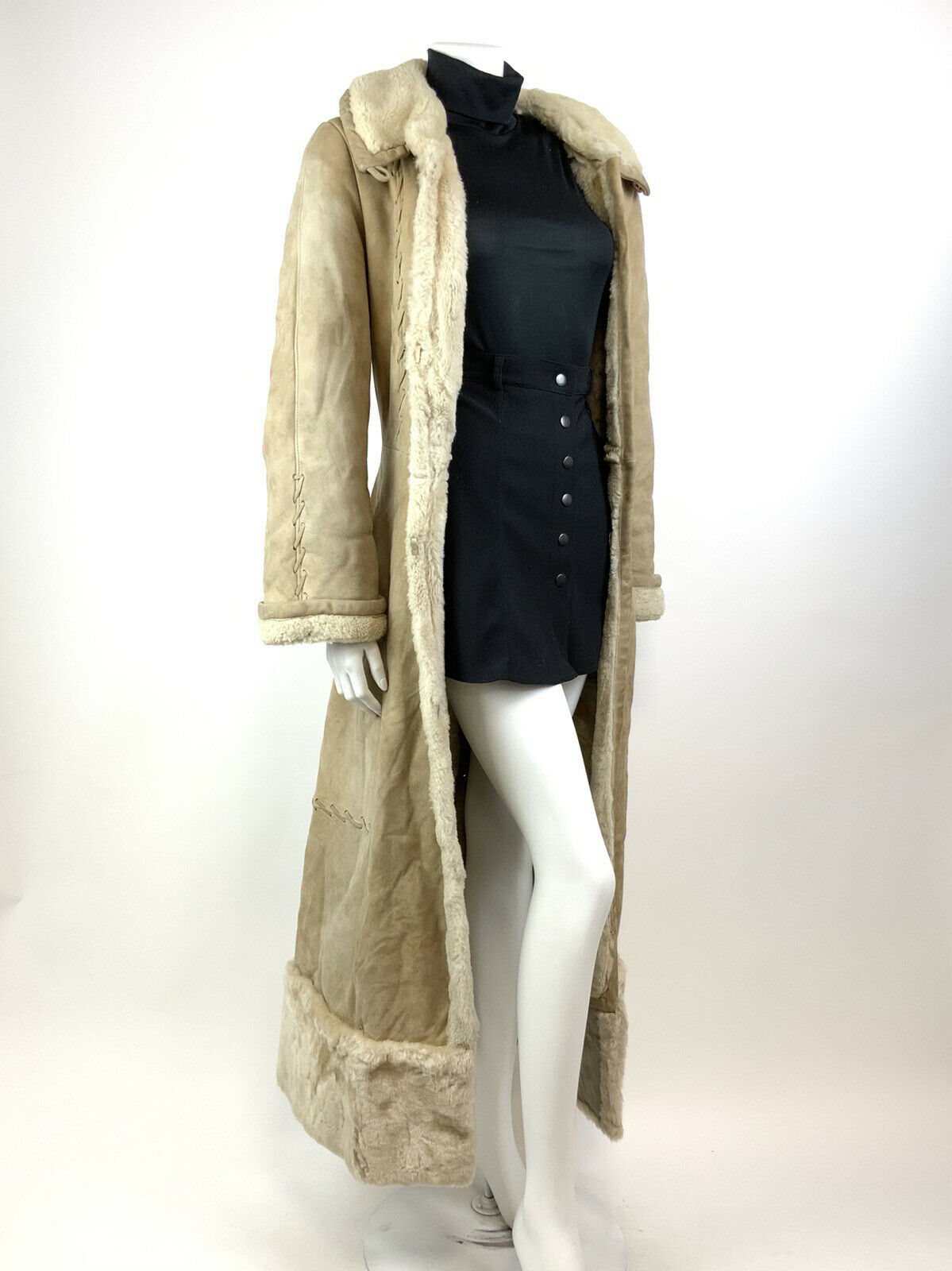 VINTAGE 60s 70s SAND CREAM SUEDE LEATHER SHEARLING BOHO FOLK PRINCESS COAT 10 12