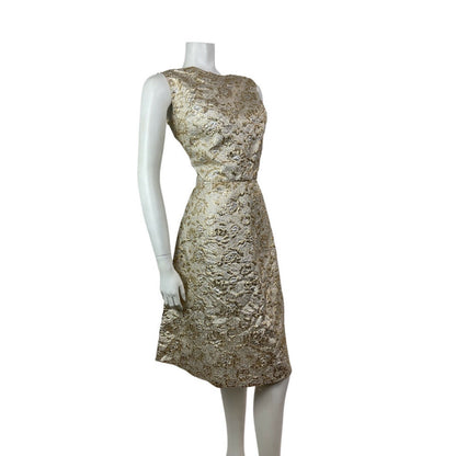 VINTAGE 60s 70s METALLIC GOLD SILVER CREAM LUREX FLORAL PARTY GLAM TEA DRESS 14