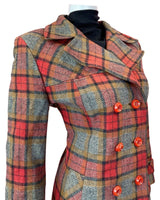 VINTAGE 60s 70s RED YELLOW BLACK CHECKED PLAIN MOD DOUBLE-BREASTED COAT 12 14