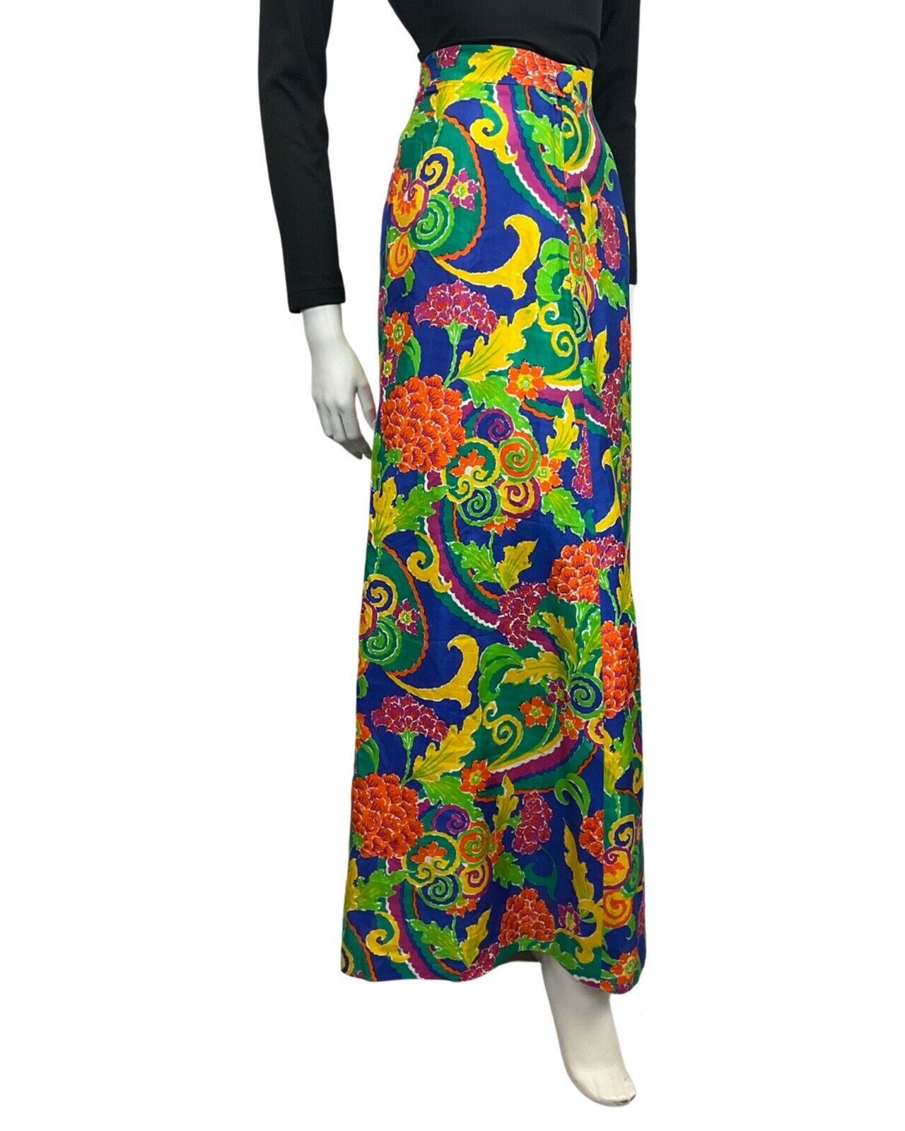 VINTAGE 60s 70s BLUE GREEN YELLOW PSYCHEDELIC FLORAL SWIRL MOD MAXI SKIRT 10