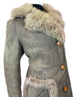 VTG 60s 70s LIGHT BROWN SUEDE LEATHER SHEARLING FUR COLLAR BOHO PENNY COAT 14 16