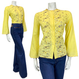 VTG 60s 70s YELLOW BROWN FLORAL EMBROIDERED CUTWORK FLARED SLEEVE BLOUSE 10 12