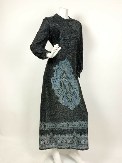 VINTAGE 60s 70s BLACK SILVER BLUE PAISLEY MANDALA ETHNIC LUREX MAXI DRESS 12 14