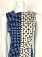 VINTAGE 60s 70s NAVY BLUE CREAM WHITE FLORAL ABSTRACT SHEATH DRESS 10 12