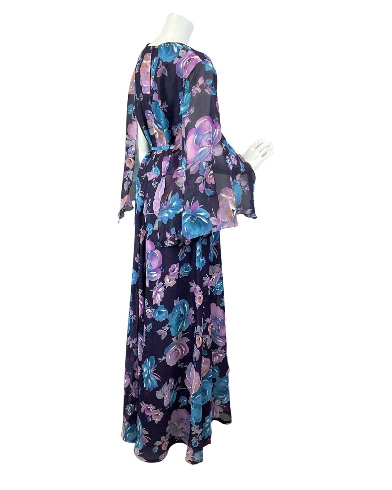 VTG 60s 70s PURPLE PINK BLUE FLORAL ROSE ANGEL SLEEVE FLOATY MAXI DRESS 14 16