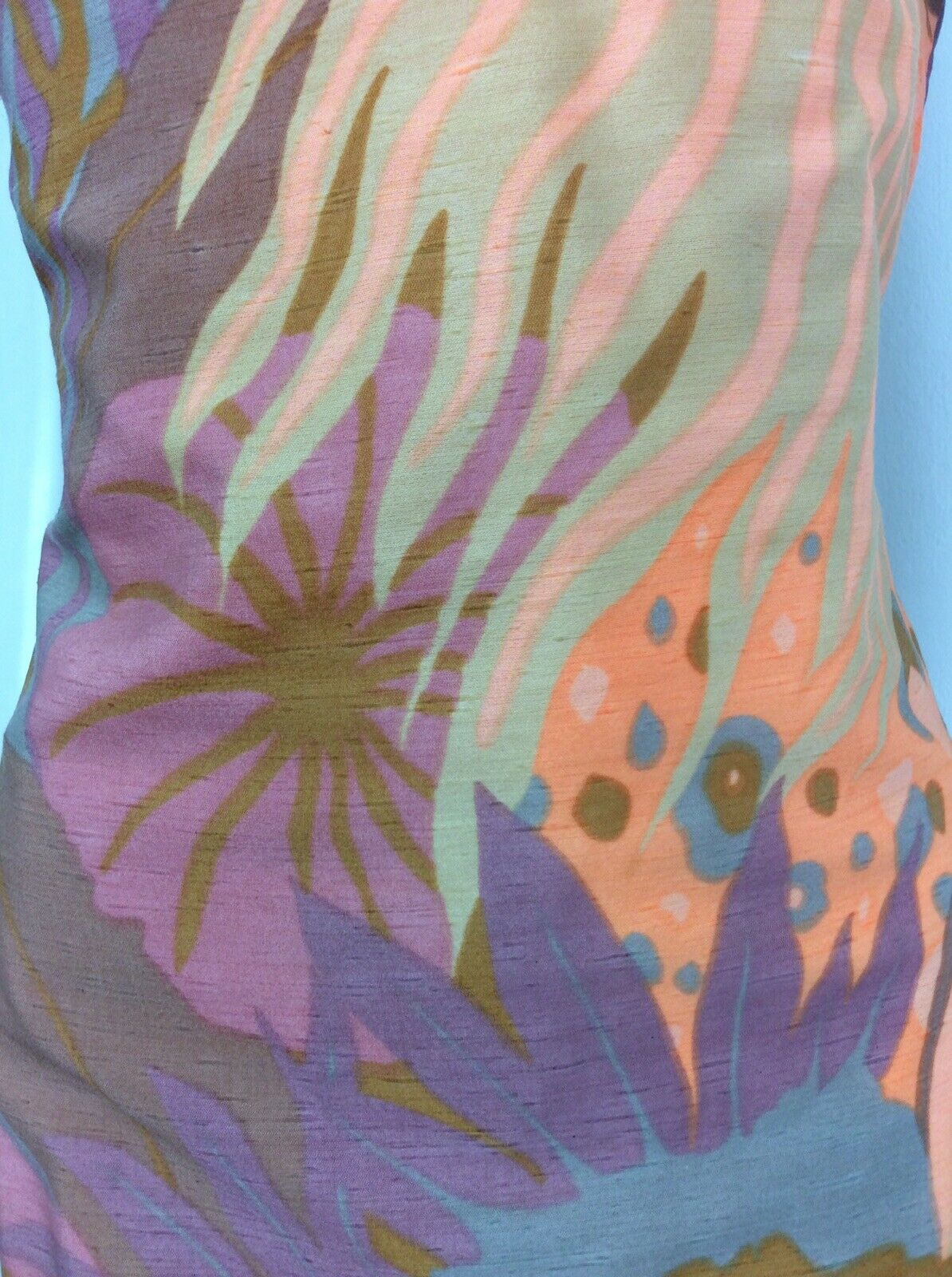 VINTAGE 60s 70s ABSTRACT FLORAL SHIFT DRESS ORANGE PURPLE PINK GOLD 12