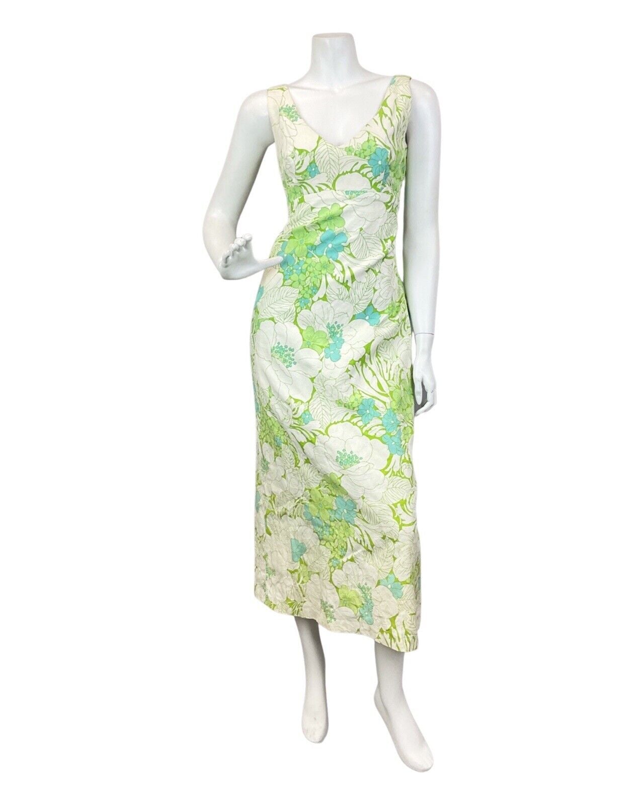 VINTAGE 60s 70s CREAM LIME GREEN FLORAL LEAFY SLEEVELESS MAXI DRESS 10