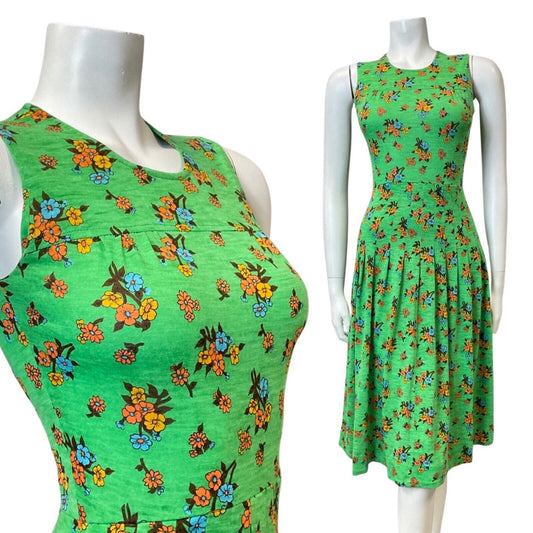 VINTAGE 60s 70s GREEN ORANGE BLUE FLORAL SLEEVELESS PLEATED SWING MIDI DRESS 8