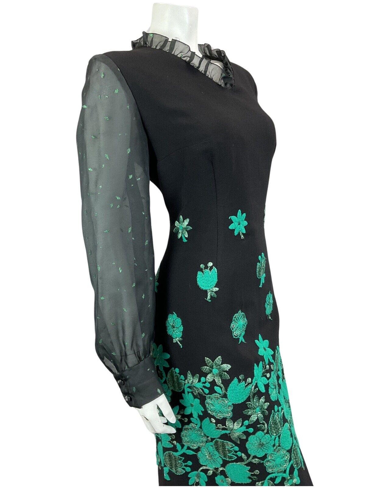 VINTAGE 60s 70s BLACK TURQUOISE GREEN MOD DISCO PARTY CHRISTMAS EVENING DRESS 12