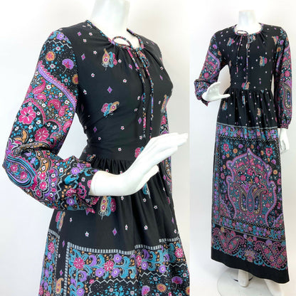 VINTAGE 60s 70s BLACK PURPLE PINK BLUE FLORAL PAISLEY BOHO FOLK MAXI DRESS 10 12