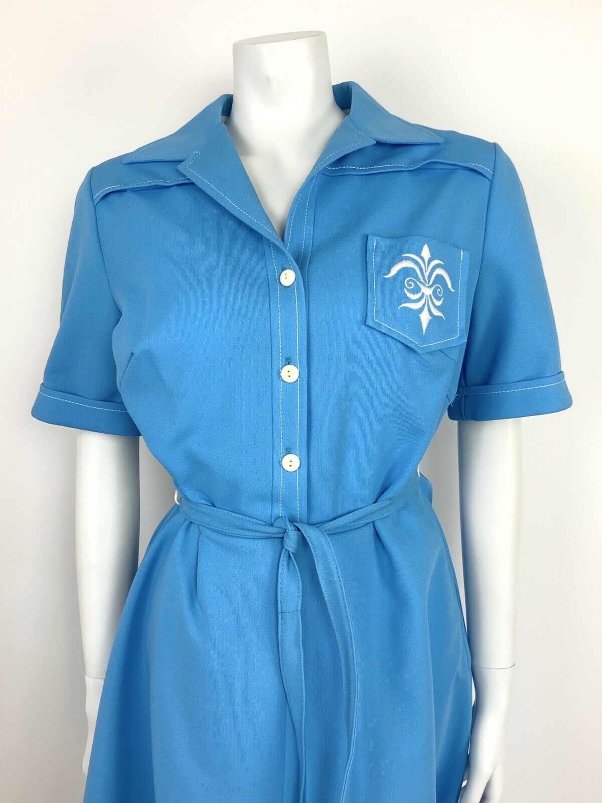 VINTAGE 60s 70s BLUE WHITE FLEUR DE LIS SHIRT WAIST BELTED DRESS SUMMER 14 16