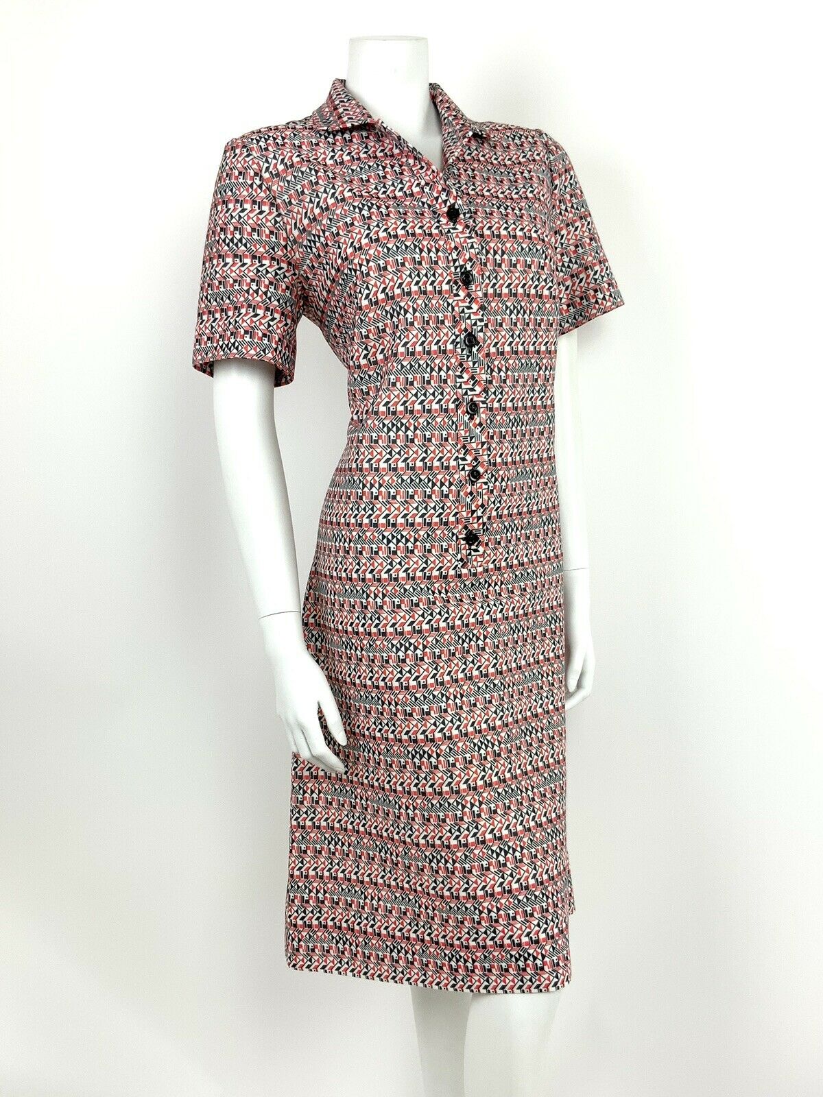 VINTAGE 60s 70s WHITE BLACK RED GEOMETRIC STRIPED OP-ART SHIRT MOD DRESS 12 14