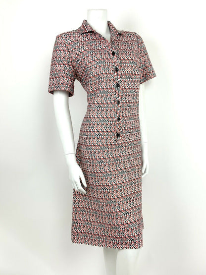 VINTAGE 60s 70s WHITE BLACK RED GEOMETRIC STRIPED OP-ART SHIRT MOD DRESS 12 14