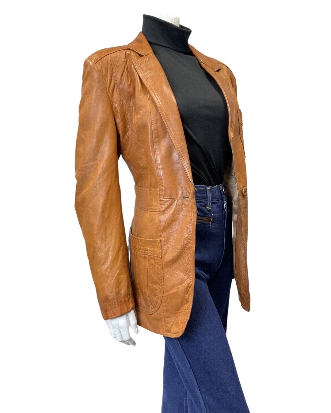 VINTAGE 60s 70s TAN BROWN MOD SOFT LEATHER BLAZER JACKET 14