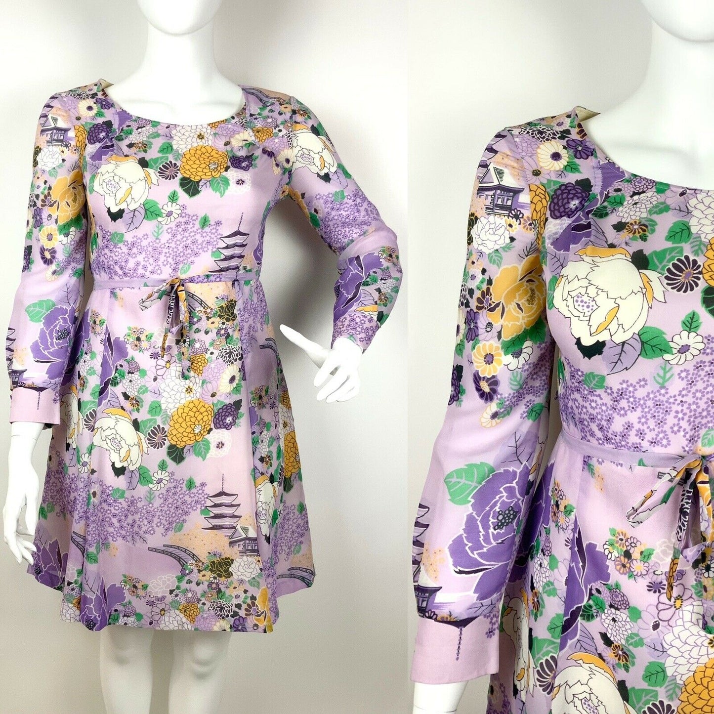 VINTAGE 60s 70s PURPLE YELLOW GREEN WHITE ORIENTAL PAGODA FLORAL SHEER DRESS 16