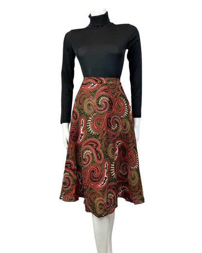 VINTAGE 60s 70s RED BLACK GREEN PAISLEY MANDALA PSYCHEDELIC SWING SKIRT 10 12