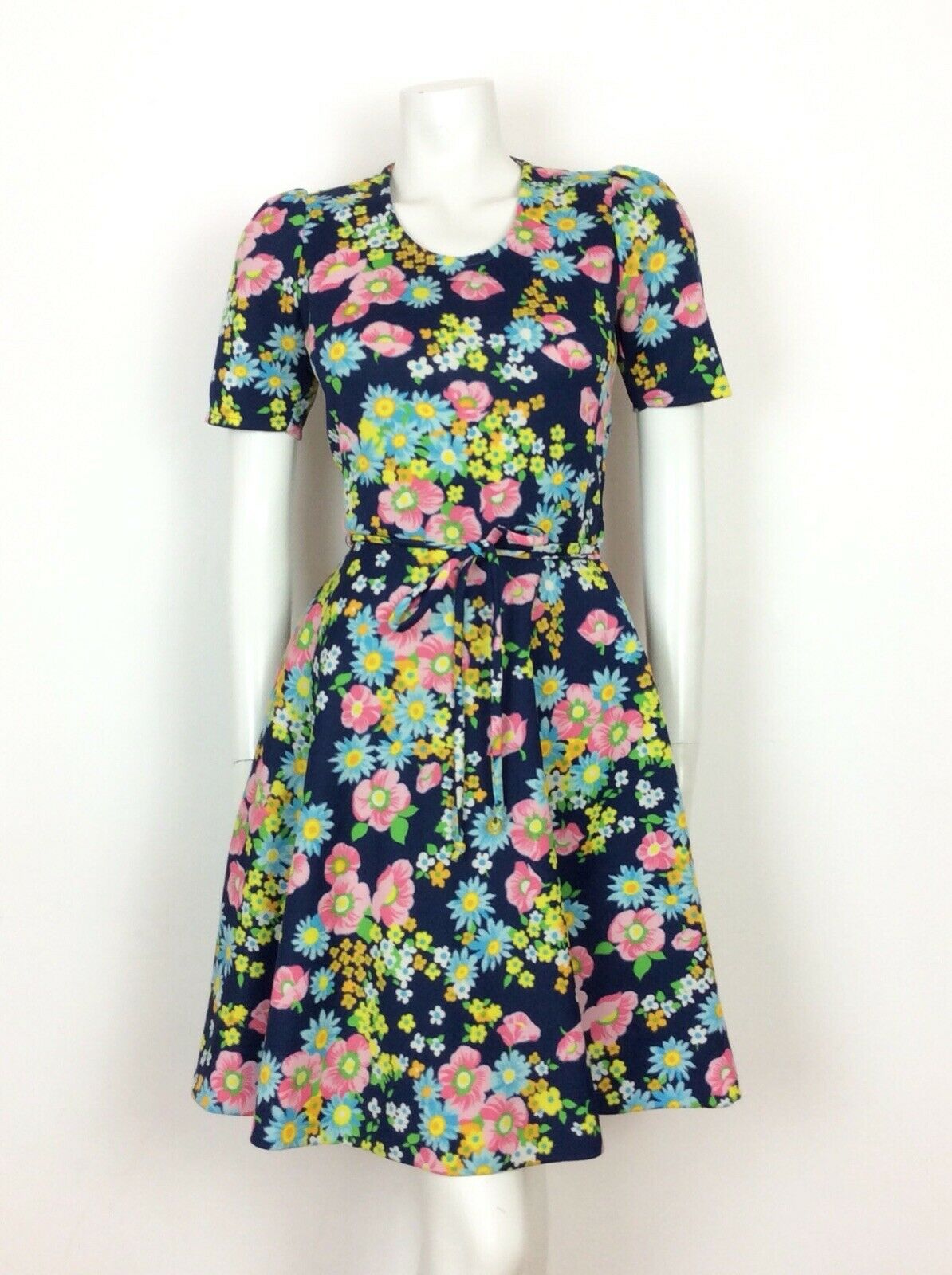 VINTAGE 60s 70s FLORAL A-LINE DRESS BLUE PINK YELLOW WHITE DITSY 8 10