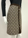 VINTAGE 60s 70s BROWN WHITE GEOMETRIC ABSTRACT MIDI A-LINE SKIRT 8 10