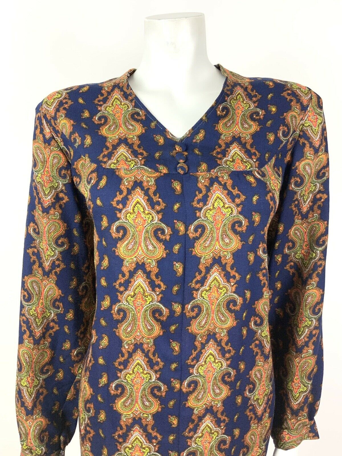 VINTAGE 60s 70s BLUE ORANGE YELLOW BROWN PAISLEY FLORAL SHIFT DRESS 14 16