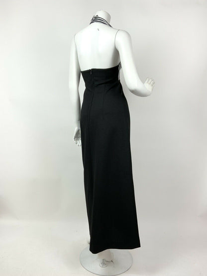 VINTAGE 60s 70s SILVER METALLIC BLACK STRIPED HALTER STUDIO 54 GLAM MAXI DRESS 6