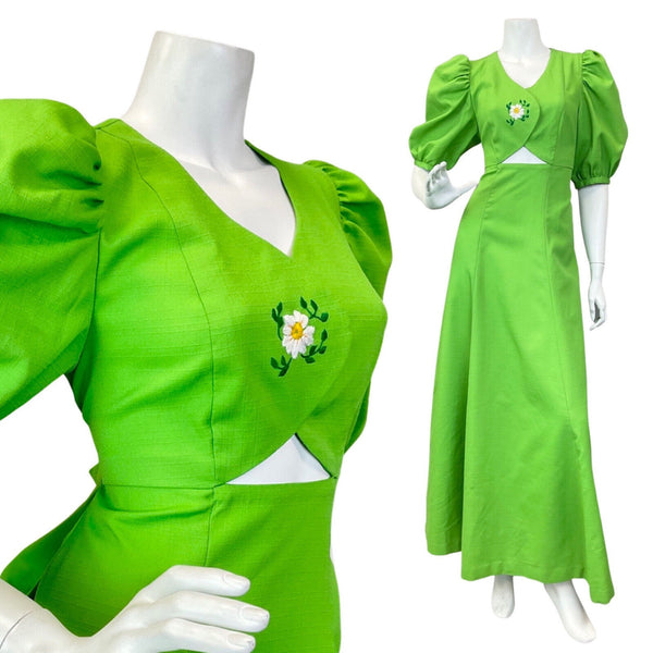 VINTAGE 60s 70s APPLE GREEN DAISY FLOWER EMBROIDERED PRAIRIE MAXI DRESS 8 10