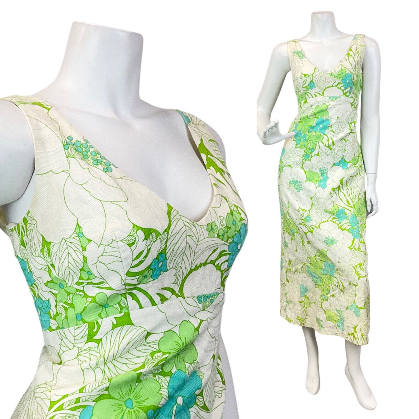 VINTAGE 60s 70s CREAM LIME GREEN FLORAL LEAFY SLEEVELESS MAXI DRESS 10