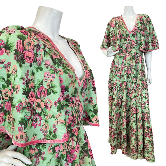 VINTAGE 60s 70s GREEN PINK ROSE FLORAL CAPE SLEEVE BOHO SUMMER MAXI DRESS 8 10