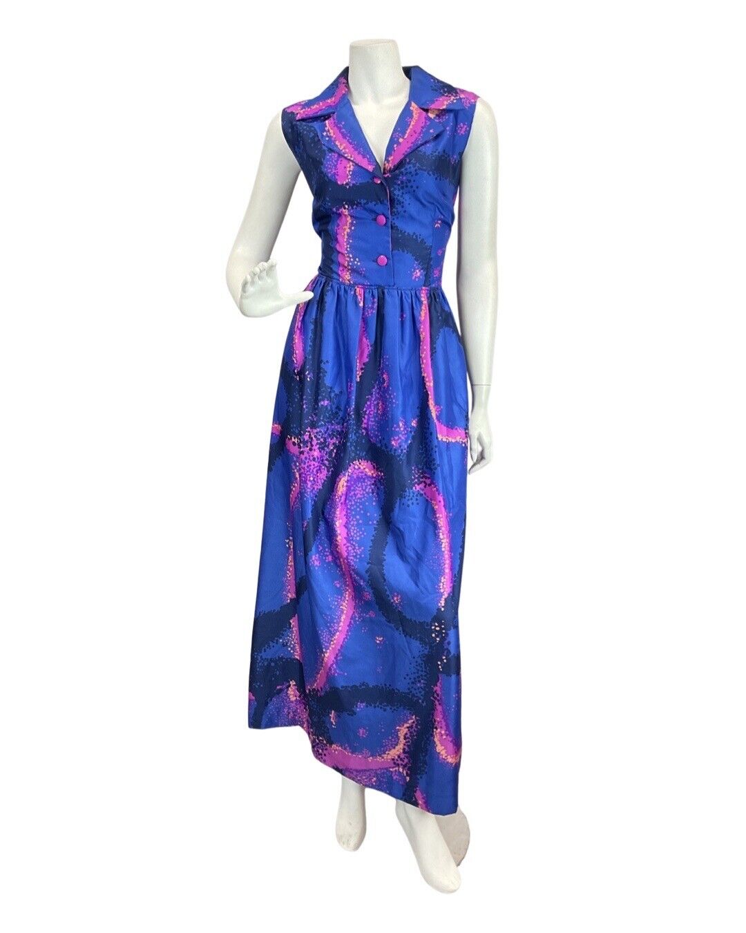 VINTAGE 60s 70s ROYAL BLUE PINK PSYCHEDELIC SPRAY PAINT MOD SHIRT MAXI DRESS 12