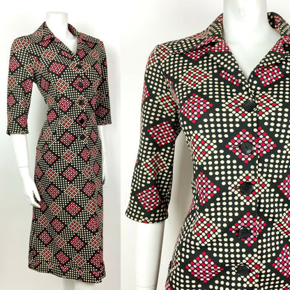 VINTAGE 60s 70s BLACK WHITE RED PINK POLKA-DOT CHECKED DAGGER SHIRT DRESS 14 16