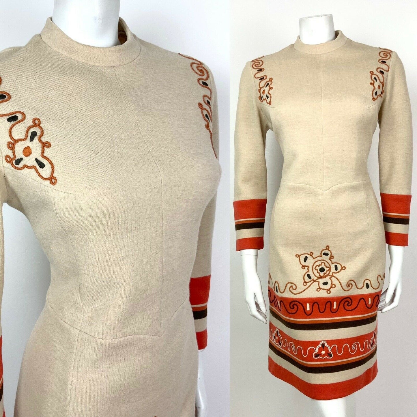 VINTAGE 60s 70s CREAM BROWN ORANGE EMBROIDERED SWIRL FLORAL DRESS 12 14