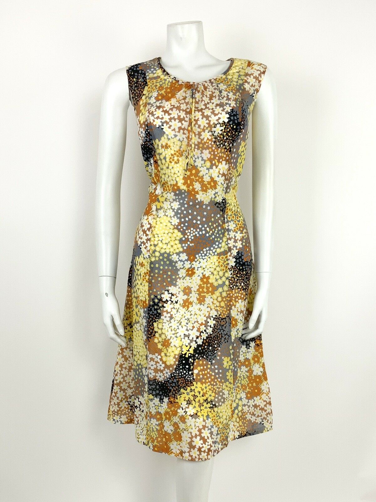 VTG 60s 70s BLACK WHITE GREY YELLOW ORANGE FLORAL PATCHWORK SHIFT DRESS 12 14