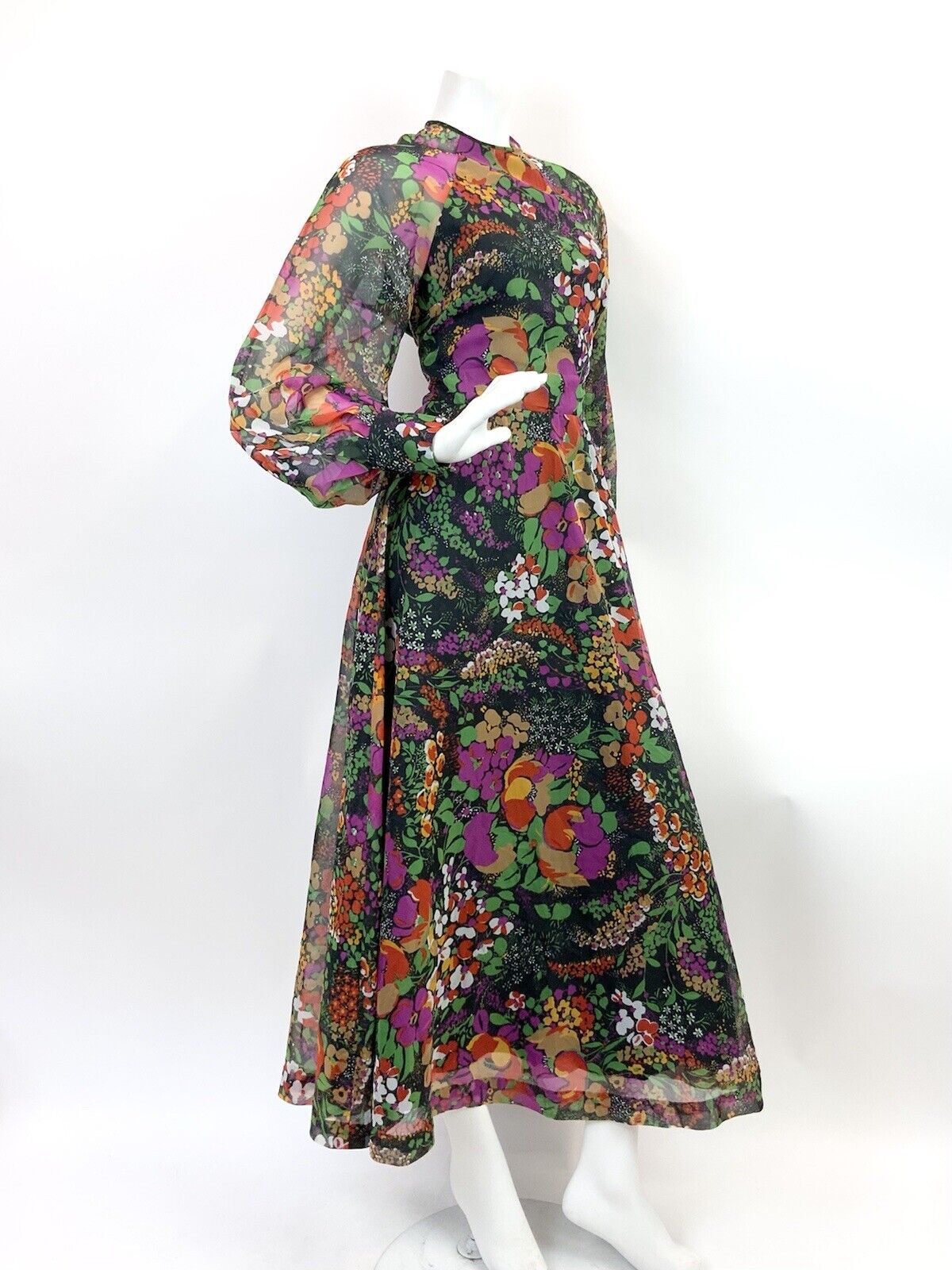 VTG 60s 70s BLACK PURPLE BEIGE FLORAL DITSY PSYCHEDELIC SHEER MAXI DRESS 8 10