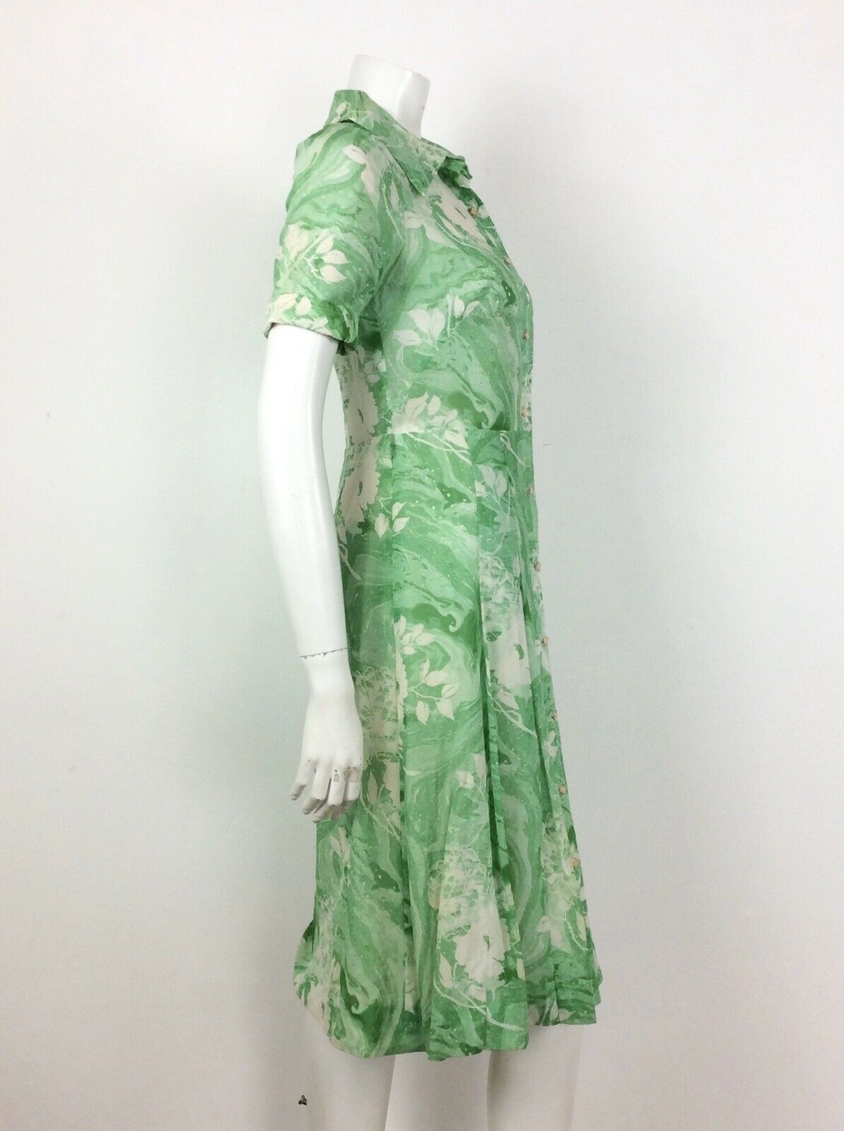 VINTAGE 60s 70s GREEN WHITE SWIRL PSYCHEDELIC SHIRT TEA DRESS 10 12