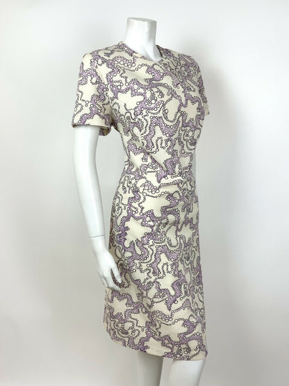 VINTAGE 60s 70s WHITE PURPLE BUBBLE SWIRL PSYCHEDELIC SHIFT DRESS 12 14