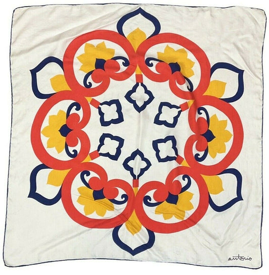 VINTAGE 60s 70s WHITE BLUE RED YELLOW FLORAL MOTIF MOD ANTONIO SILK SCARF