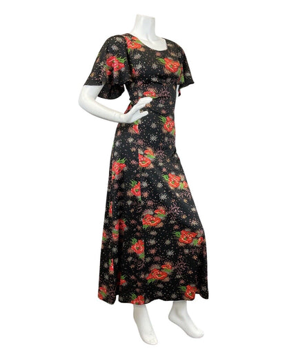 VINTAGE 60s 70s BLACK RED GREEN POPPY FLOWER DOTTY MAXI DRESS 14 16