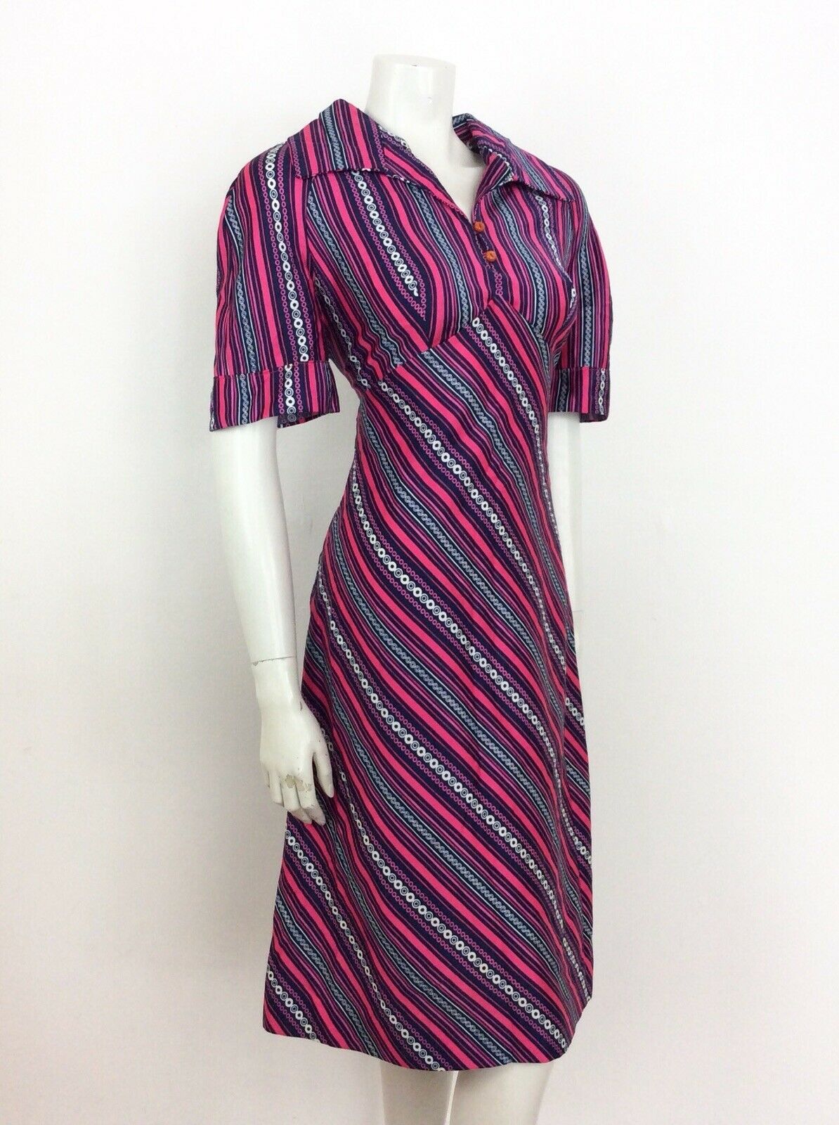 VINTAGE 60s 70s STRIPED CIRCLE GEOMETRIC SHIRT DRESS PINK BLUE WHITE 14