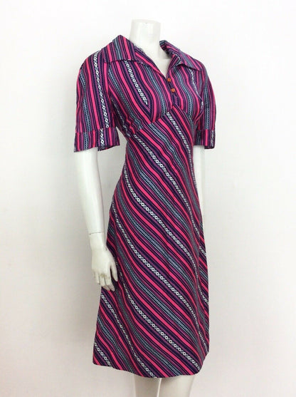 VINTAGE 60s 70s STRIPED CIRCLE GEOMETRIC SHIRT DRESS PINK BLUE WHITE 14