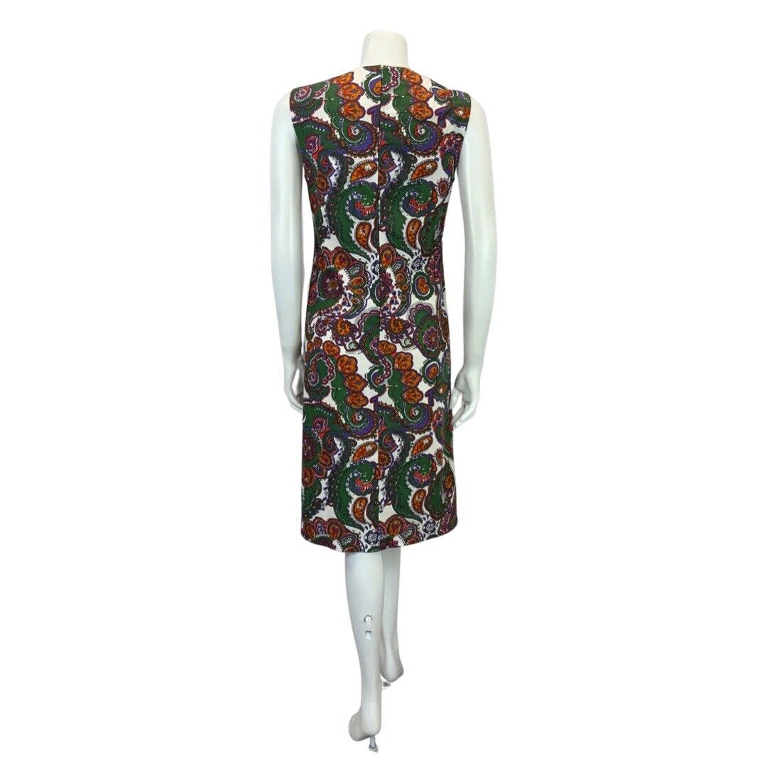 VINTAGE 60s 70s DARK GREEN WHITE RED PURPLE PAISLEY PRINT MIDI DRESS DRESS 12